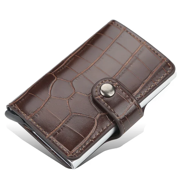 Blocking Vintage Men Credit Card Holder Aluminum Alloy Business ID Card Case Automatic Male Metal Leather Cardholder Wallet 2021 coffee 3