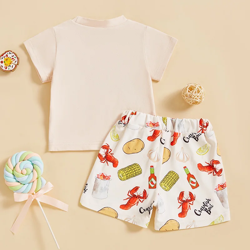 2024-12-10 Lioraitiin Kids Boys Summer Outfit Short Sleeve Crew Neck Embroidery T-shirt with Lobster Print Shorts Clothing Set 3