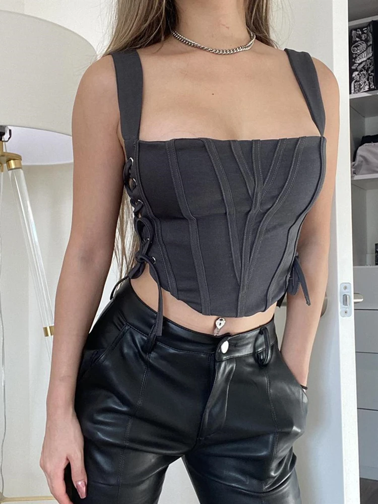 2022 Fashion Street Sexy Hollow Side Tie-Up Tank Top Corset Bustier Women  Sleeveless Low Cut Bandage Crop Top Camis Streetwear