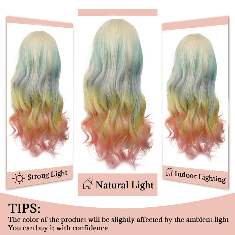 LUPU 26inch Women's Rainbow Long Hair Wave Wig Blonde Blue Orange Pink Curly Synthetic Wig, Cosplay Party (Multicolor)