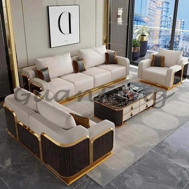 Ensemble de canapé en cuir de luxe moderne avec canapé en bois, canapé en cuir à la mode 2/3/4 places pour le salon, couleur personnalisée acceptée 1