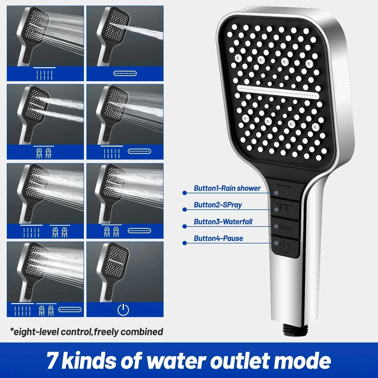 New Shower Head 2023 Rainfall High Pressure Water Saving 7 Modes Adjustable One Key Stop Button for Bathroom Accessory