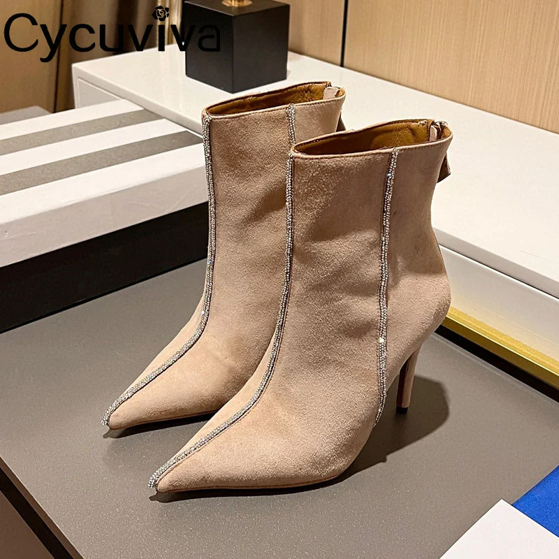 

Thin High Heels Pointy Toe Suede Rhinestone Ankle Boots for Women Crystal Party Shoes for Winter Runway Short Boots Female 2023