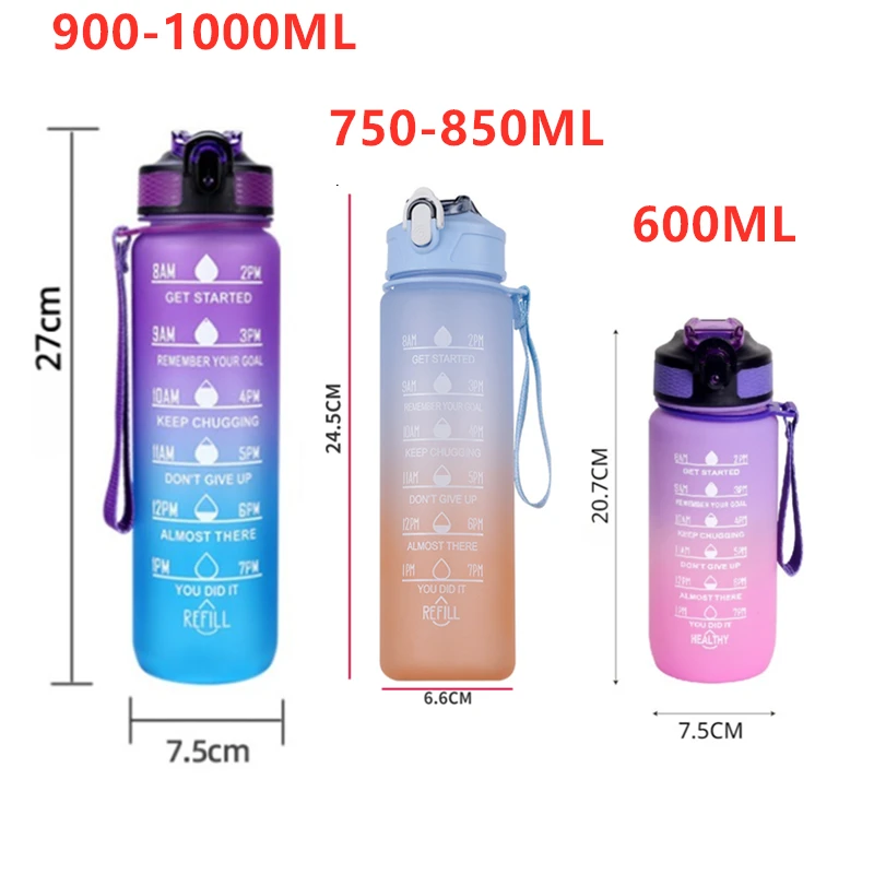 3Sizes Sports Water Bottle Gradient Color Motivational Bottle with Time Marker Leak-proof Cup Gym Outdoor Drinkware - Image 2