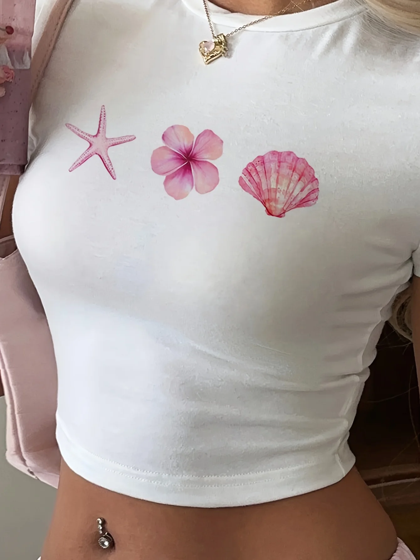 Cropped Shirt Beach Floral Seashell Starfish Print Crop top T-shirt Y2K Short Sleeve Top for Spring & Summer Women's Clothing 1