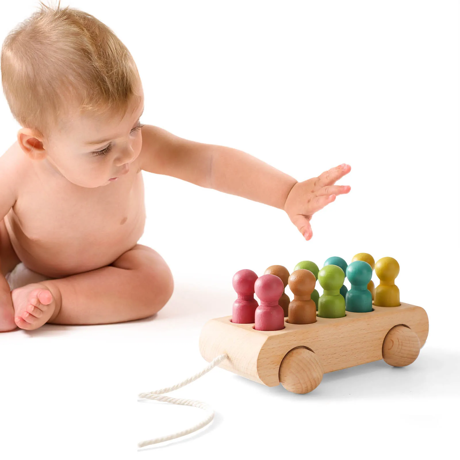 Wood Colorful Beech Trolley Toys For Babies From 1 Year To 3 With 10 Wooden Dolls Games For Babies Development Montessori Baby 4