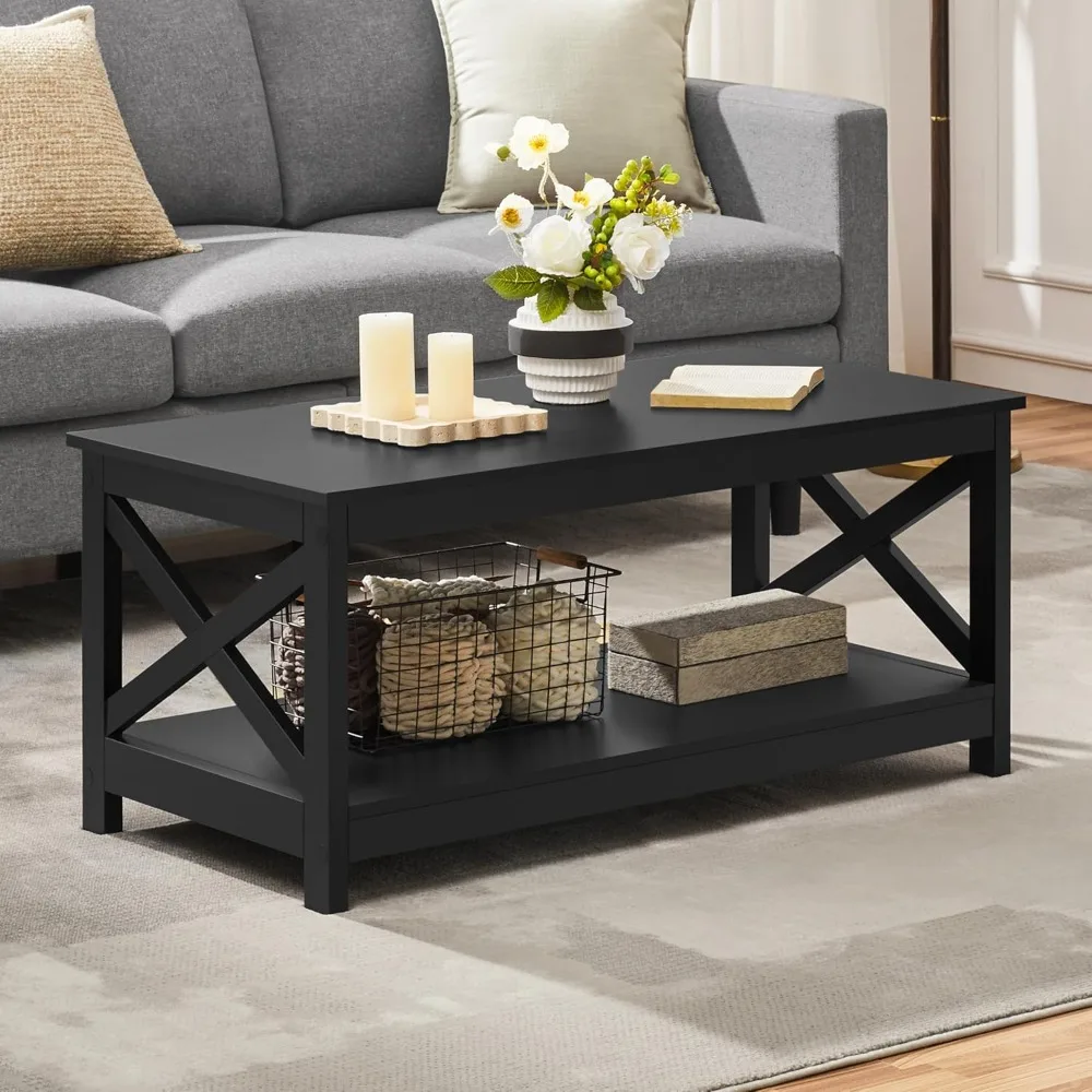 Black Coffee Table with Storage Shelf for Living Room, X Design Accent Cocktail Table, Easy Assembly Home Furniture 2