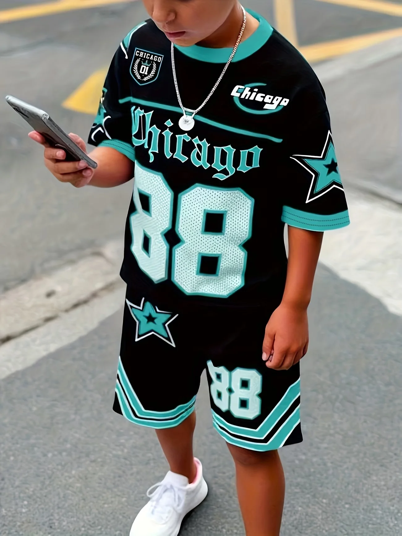 تي شيرت صيفي للأولاد والبنات بأكمام قصيرة مطبوع عليه شيكاغو 88 + مجموعة تي شيرتات قصيرة الأكمام مطبوعة عليها رسومات