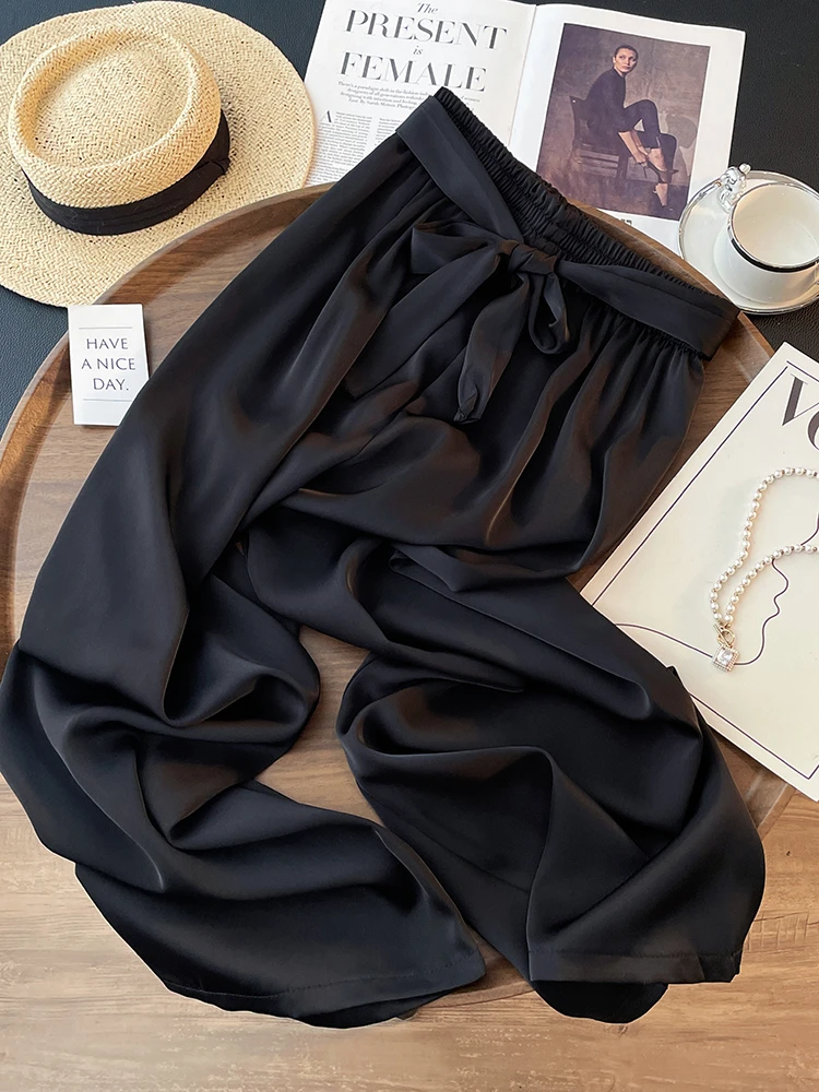 High Waist Ice Silk Acetate Wide Leg Pants for Women Summer Loose Silk Satin long maxi Trousers Spring lace up plus size pants 4