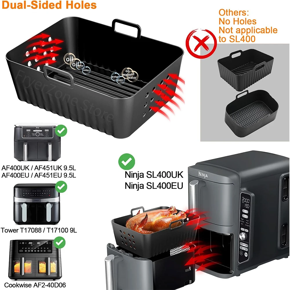 Air Fryer Silicone Tray 2Pcs Air Fryer Silicone Mold for Ninja AF400EU AF451EU Double Stack XL SL400EU Reusable Baking Tray for Dual Zone 9.5L Airfryer