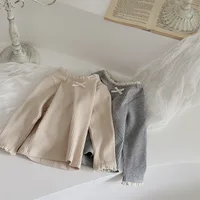 2024 Autumn New Baby Girls Lace Collar Long Sleeve Tops Solid Infant Toddler Cute Bow Princess Bottoming Shirts Cotton Clothes 6