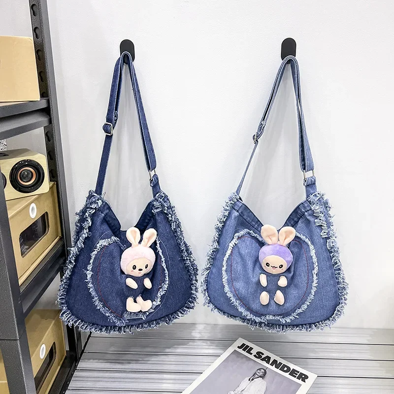 

Love denim cloth bag, cute plush rabbit, student leisure backpack, 2023, new fur edge crossbody shoulder bag shoulder bag women