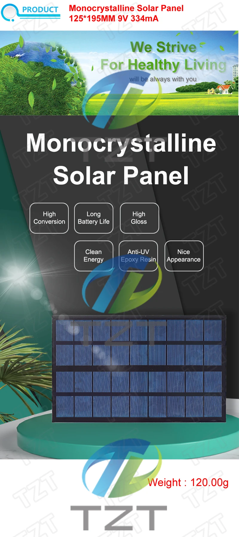 1/2/5PCS 9V 334mA 3W Solar Panel TZT Polykristalline 125*195MM Mini Sunpower Solar System DIY für Batterie Handy Ladegerät – Detail 1