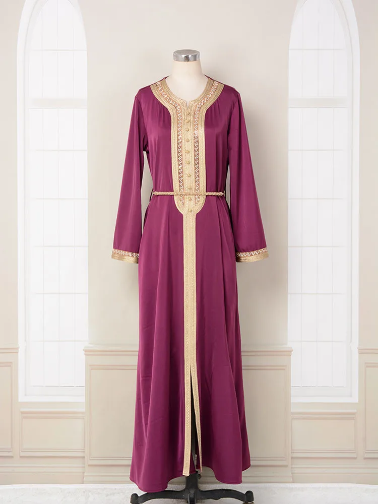 Rhinestone Moroccan Kaftan for Women Belted Satin Arabic Evening Dresses Gulf Jalabiya Muslim Dubai Party Abaya Islamic Clothing
