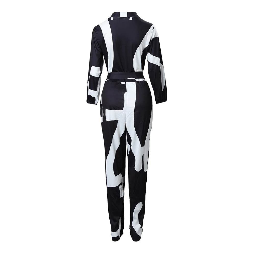 Women Abstract Print Long Sleeve Wide Leg Jumpsuit Party Wear Fashion Femme V Neck Overalls With Belt Lady Jumpsuts Robe Femme