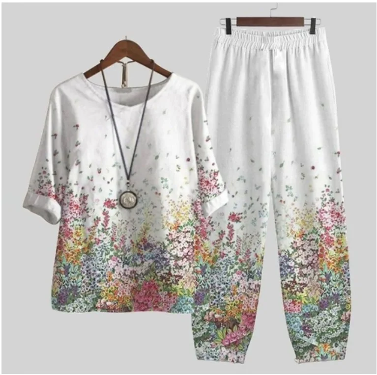 Women's casual printed two-piece set with O-neck pullover top and matching long pants for summer holidays and everyday wear. 02356