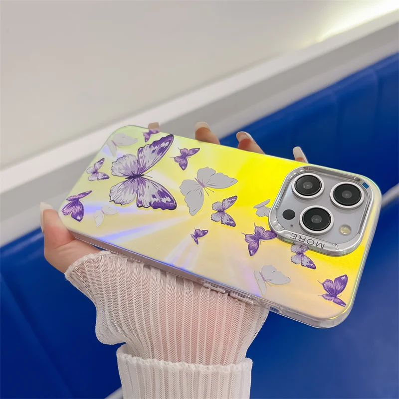 Coque de téléphone de luxe électroplaquée au laser papillon pour iPhone 16 15 14 13 Pro Max, coque arrière rigide antichoc en PC mat_voghion.com