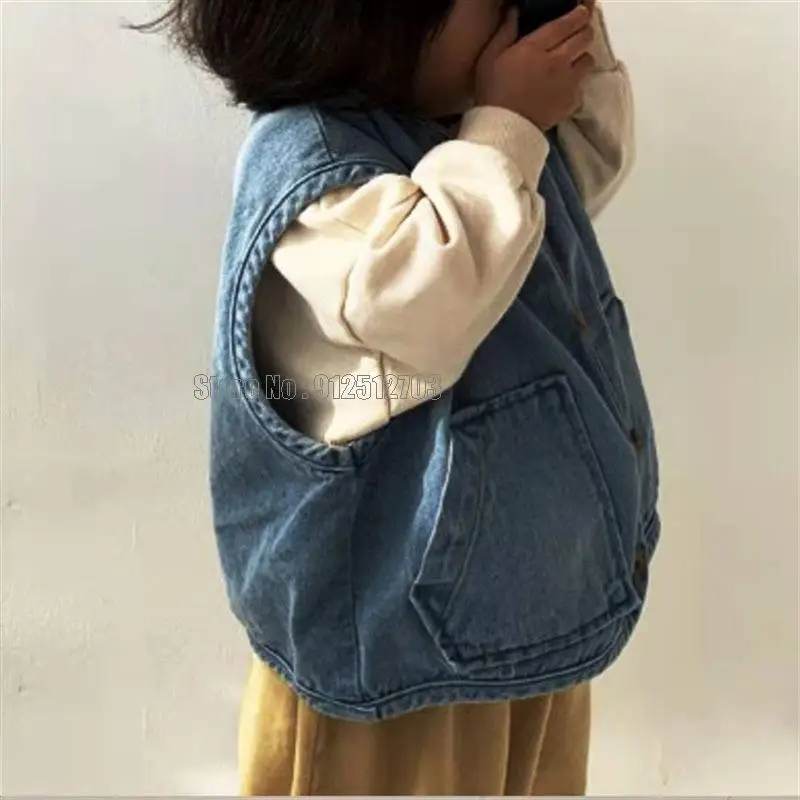 New Baby Sleeveless Denim Vest Casual Kids Jacket Loose Boys Pocket Coat Autumn Fashion Girls Clothes