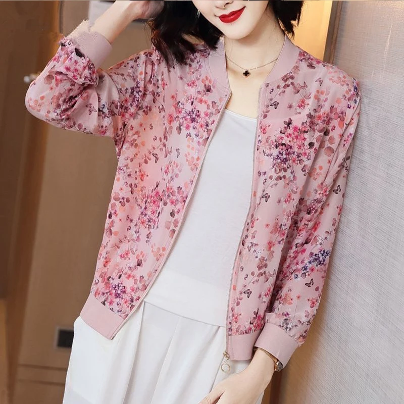 

Fashion Summer Chiffon Print Bomber Jacket Women Thin Long Sleeve Loose Female Zipper Jacket Sunscreen Outwear 5XL Clothes