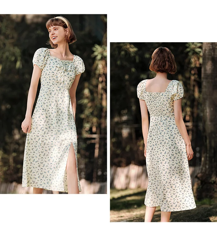 Dress Women Split Bubble Sleeve Medium Long Dress Summer New Square Neck Chiffon Floral Dress Romantic Elegant