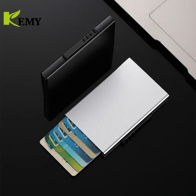 Men Slim Wallet PU Leather ID Card Holder RFID Anti-theft Smart Wallet Aluminum Alloy Credit Card Holder Mini Purse For Women
