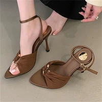 Aneikeh Summer Pointed Toe Thin High Heels Fashion Pleated Metal Buckle Strap Women Sandals Banquet Party Female Mules Shoes - Image 2