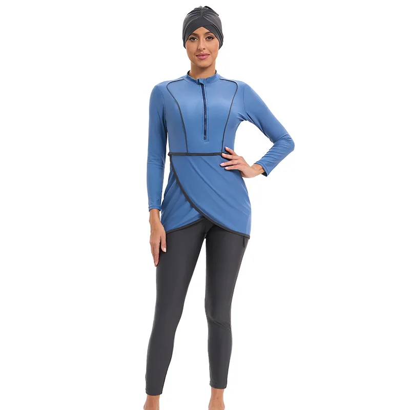 

TaoBo 3PCS Women Blue Black Muslim Swim Suit All Cover Modest Patchwork Hijab Long Sleeves Sport Swimwear Burkini Islamic Design
