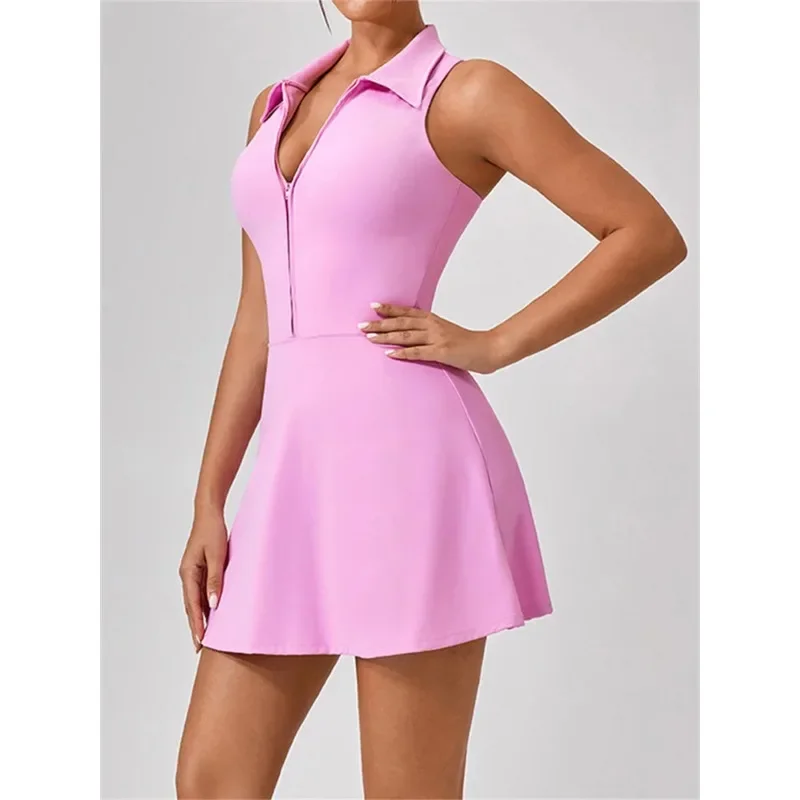 Women's Tennis Dress Women Turn Down Collar Front Zipper 2-in-1 Golf Sports Tight Dress Fitness Workout Running Pocket Skort