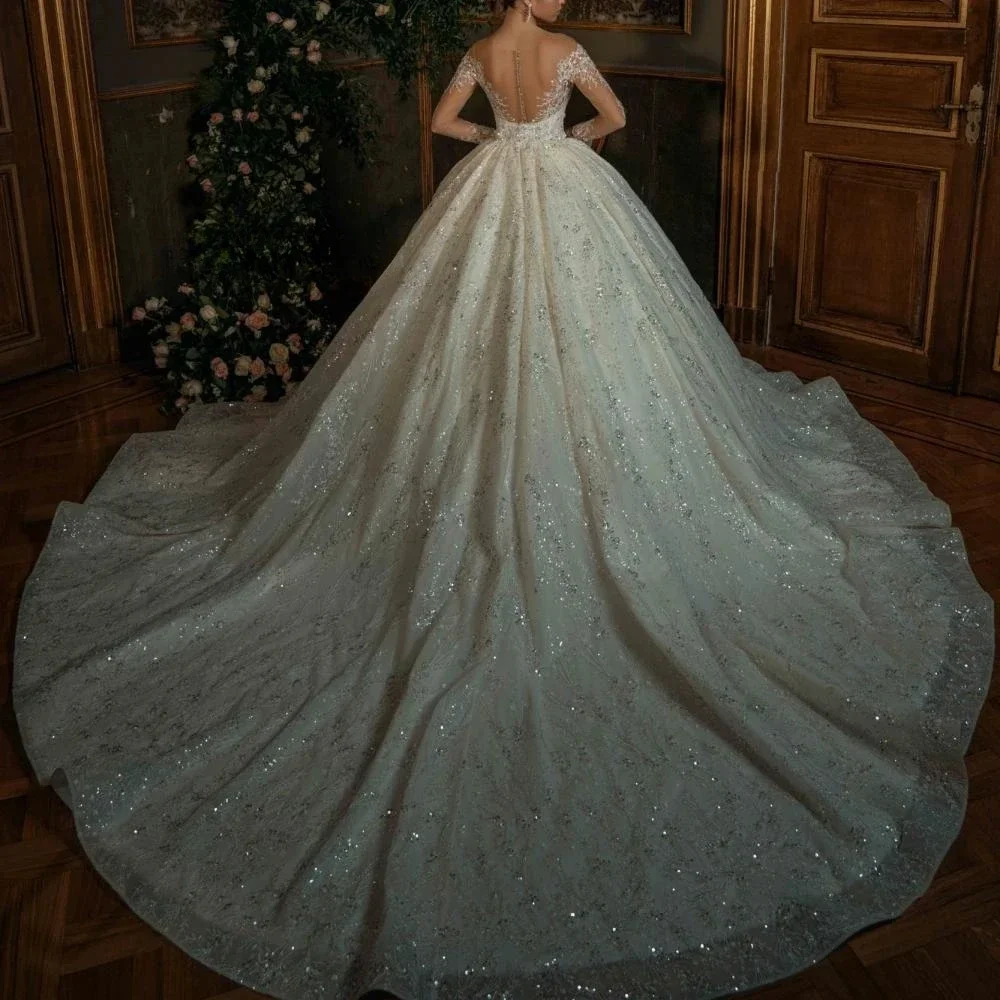 Customized Gorgeous Ball Gown Wedding Dress Sheer Neck Sequin Beaded Applique Long Sleeve Bridal Gown Princess Vestidos De Noiva 2