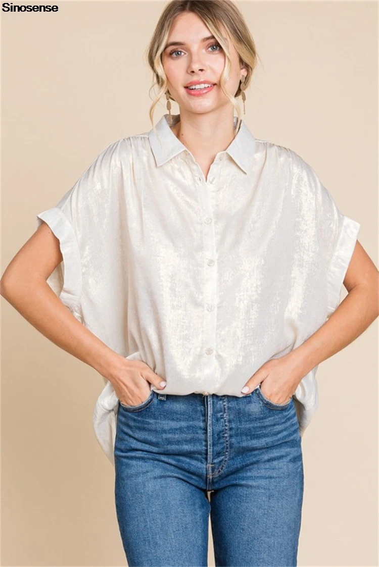 

Womens Shiny Short Sleeve Button Down Shirts Dressy V Neck Tops Summer Y2K Streetwear Casual Loose Work Office Blouse Tunic Tops