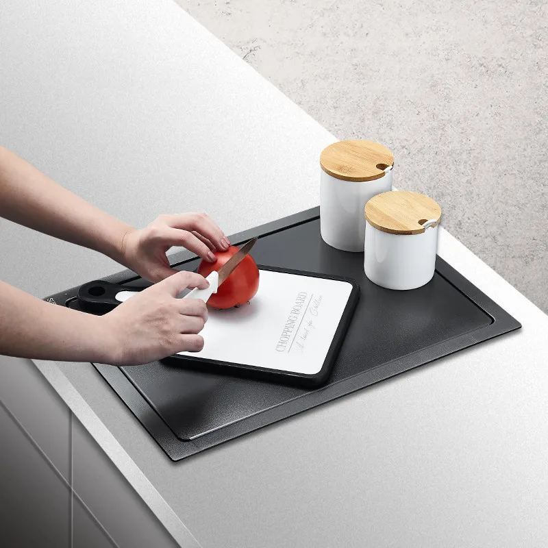 Black Hidden Kitchen Sink Handmade with Lid Single Bowl 304 Stainless Steel Folding Faucet 4mm