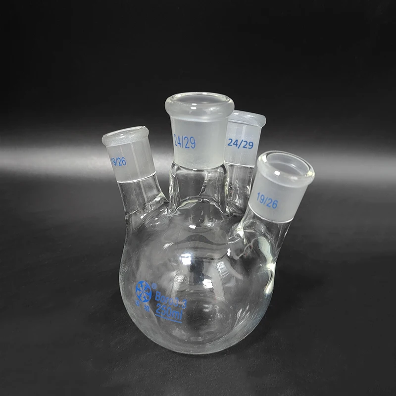 

Fape Four-necked flask oblique shape, Standard ground mouth 250mL,24/29+24/29+19/26+19/26,Four-necked flat bottom flask