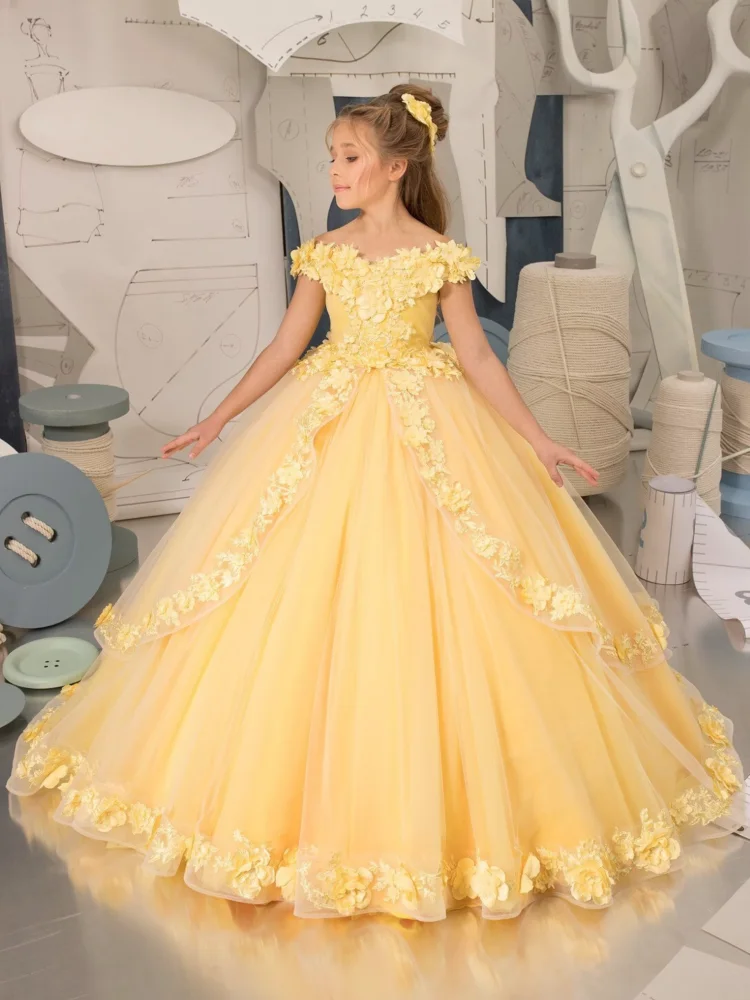 Yellow Flower Girl Dresses Tulle Tiered Appliques With Tailing Sleeveless For Wedding Birthday Party Banquet Gown flower girl dresses floral appliqu&eacute; dress
