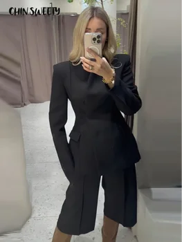Elegant Solid Women's Blazer Trouser Suits Lapel Single-Breasted Wide Leg Pants Lady Set 2026 Spring 2 Pieces Set Women 1