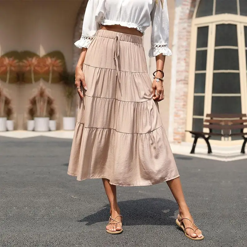 

Vintage Solid Women's Skirts New Spring/summer Loose Fit High Waist Clothing High Street Patchwork A-LINE Empire Women Skirt