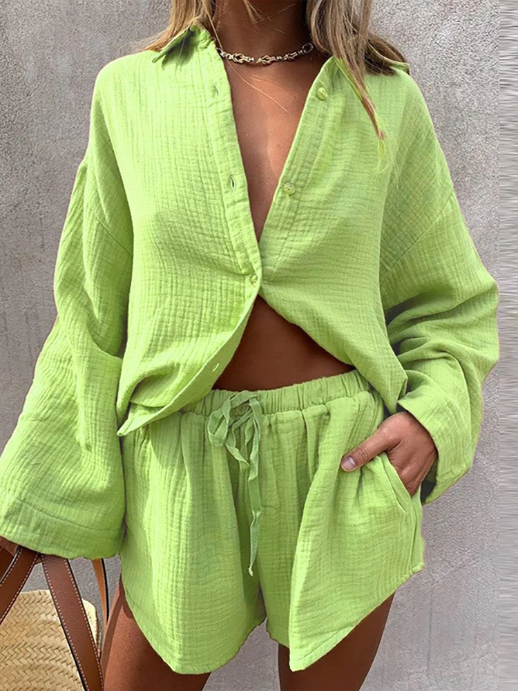 Casual Shorts Set Women Summer Female Solid Long Sleeve Shirt Tops And