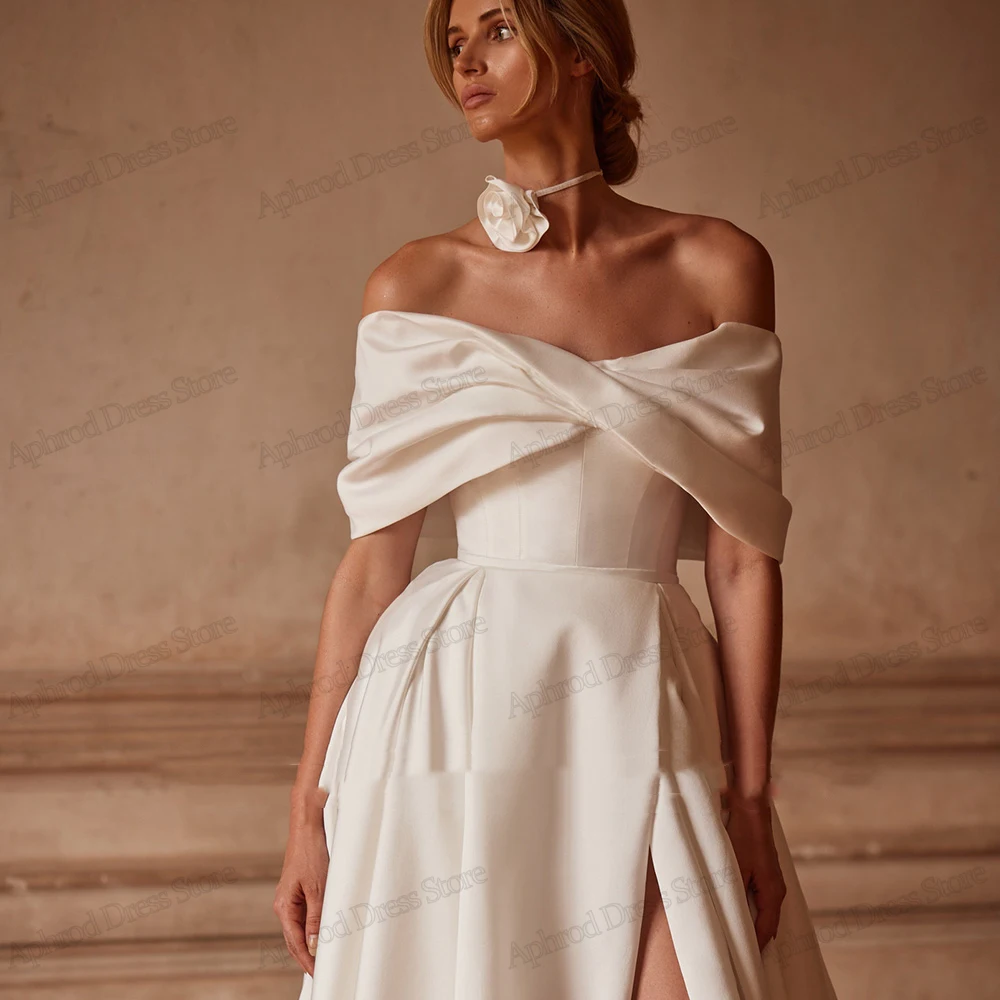Simple Wedding Dresses Graceful Bridal Gowns Satin Pleat Robes Off The Shoulder High Slit Vestidos De Novia 2025 Customized 2024 3