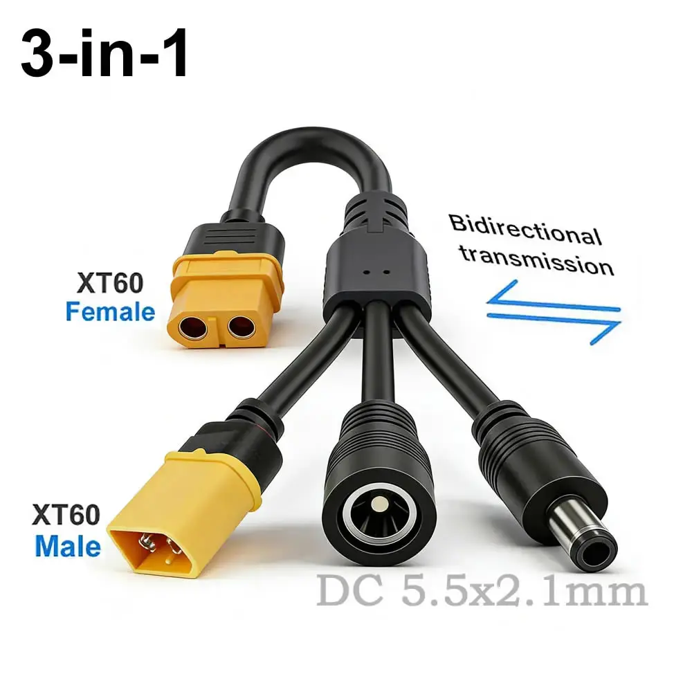 3-in-1 XT60 zu Zwei DC5521 Anschluss Konvertierungskabel, Männlich-Weiblich XT60 Verlängerungsadapterkabel Ladekonvertierungsstecker Stromkabel