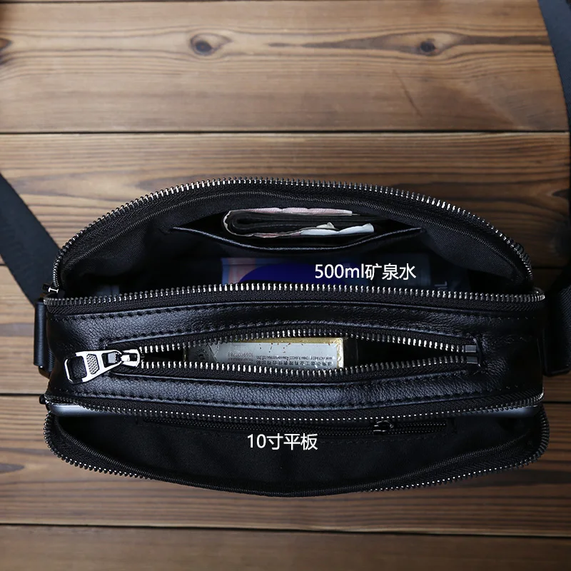 NZPJ Casual Leather Men Shoulder Bag Natural Cowhide Messenger Bag Large Capacity Business Solid Color Backpack for 10-inch Ipad