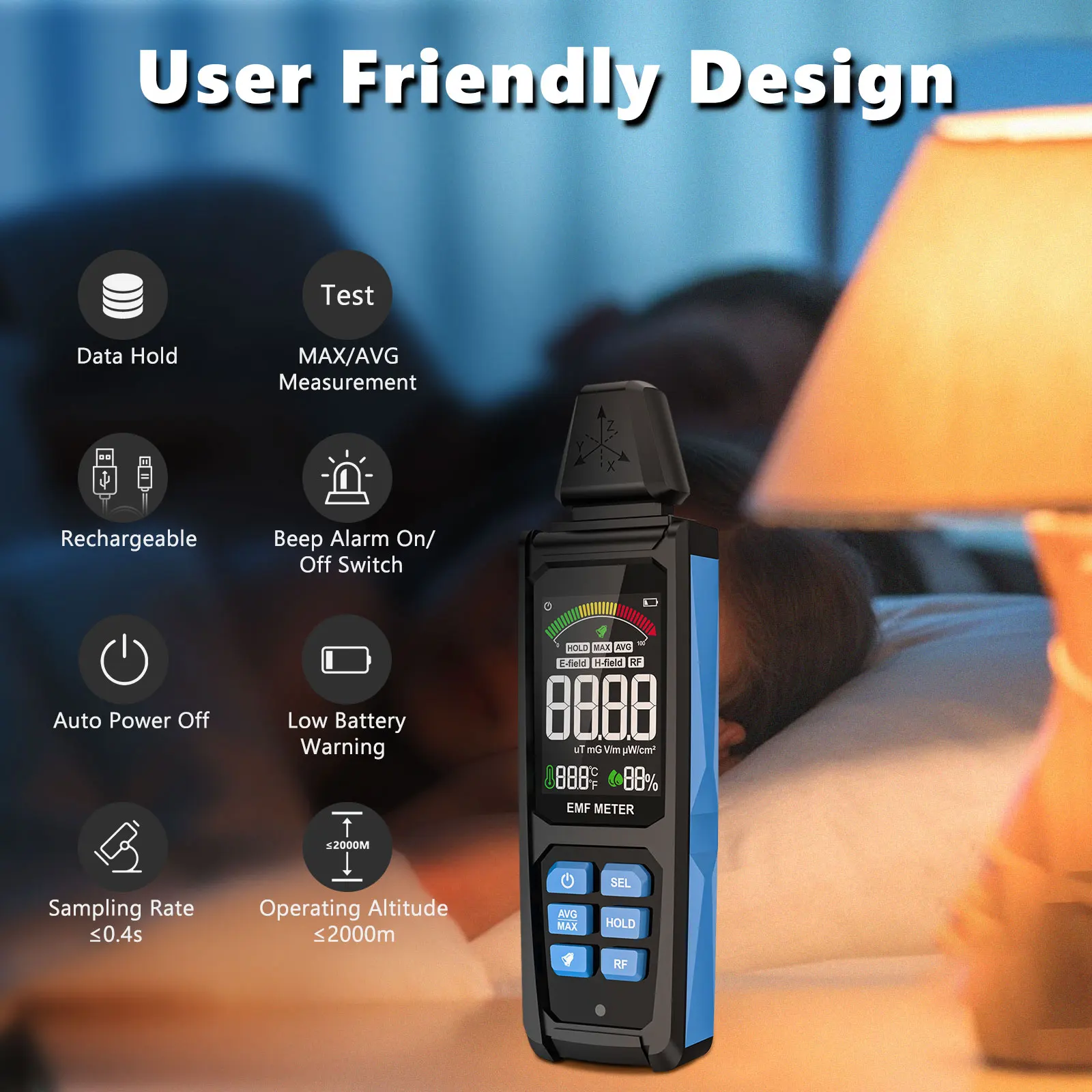 EMF 감지기, EF RF MF 감지용, 디지털 LCD 디스플레이, uT mG/V/m pW/cm² 측정, 가정용 3-in-1 충전식 EMF 측정기
