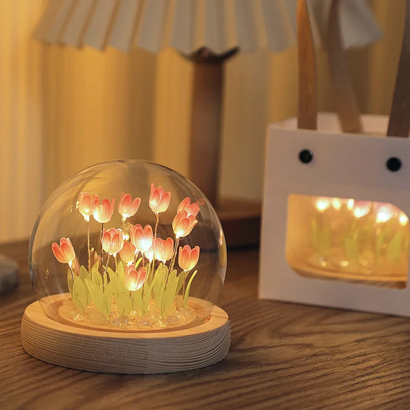 Artificial Tulip Flower Night Light Handmade DIY Bedside Lamp LED Night Lamp Bedroom Decor Christmas Birthday Gifts Table Lamp