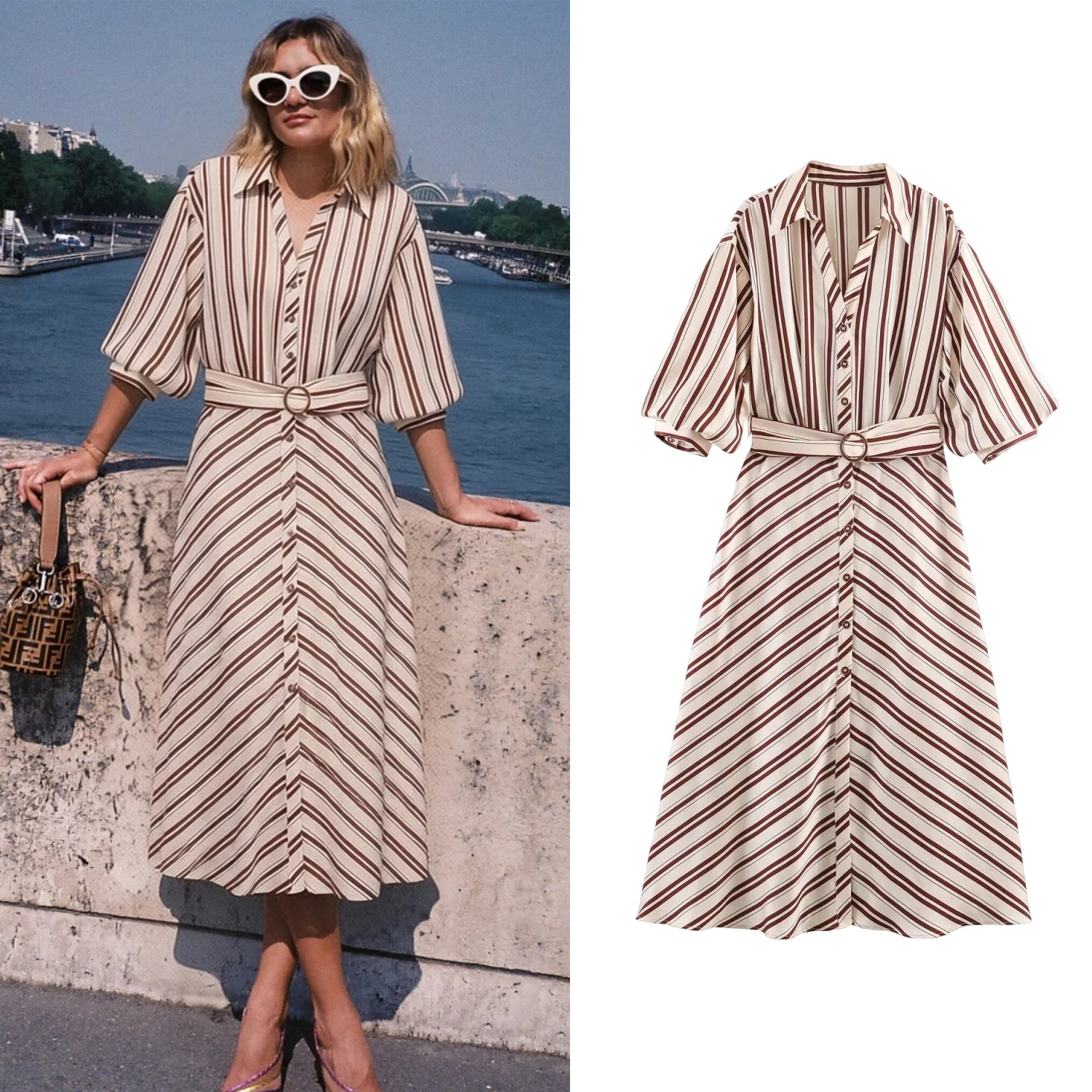 Damen Gestreiftes Slim-Kleid Sommerliches Freizeitkleid Einreihiges Kurzarm-Maxikleid mit Gürtel Tägliches Hemdkleid für Damen