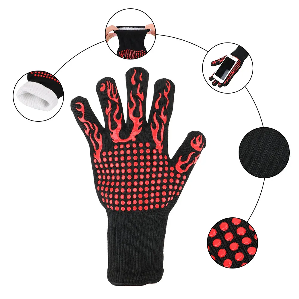 Extreme Heat Resistant Flame Retardant BBQ Gloves with Non-Slip Grip for High-Temperature Cooking