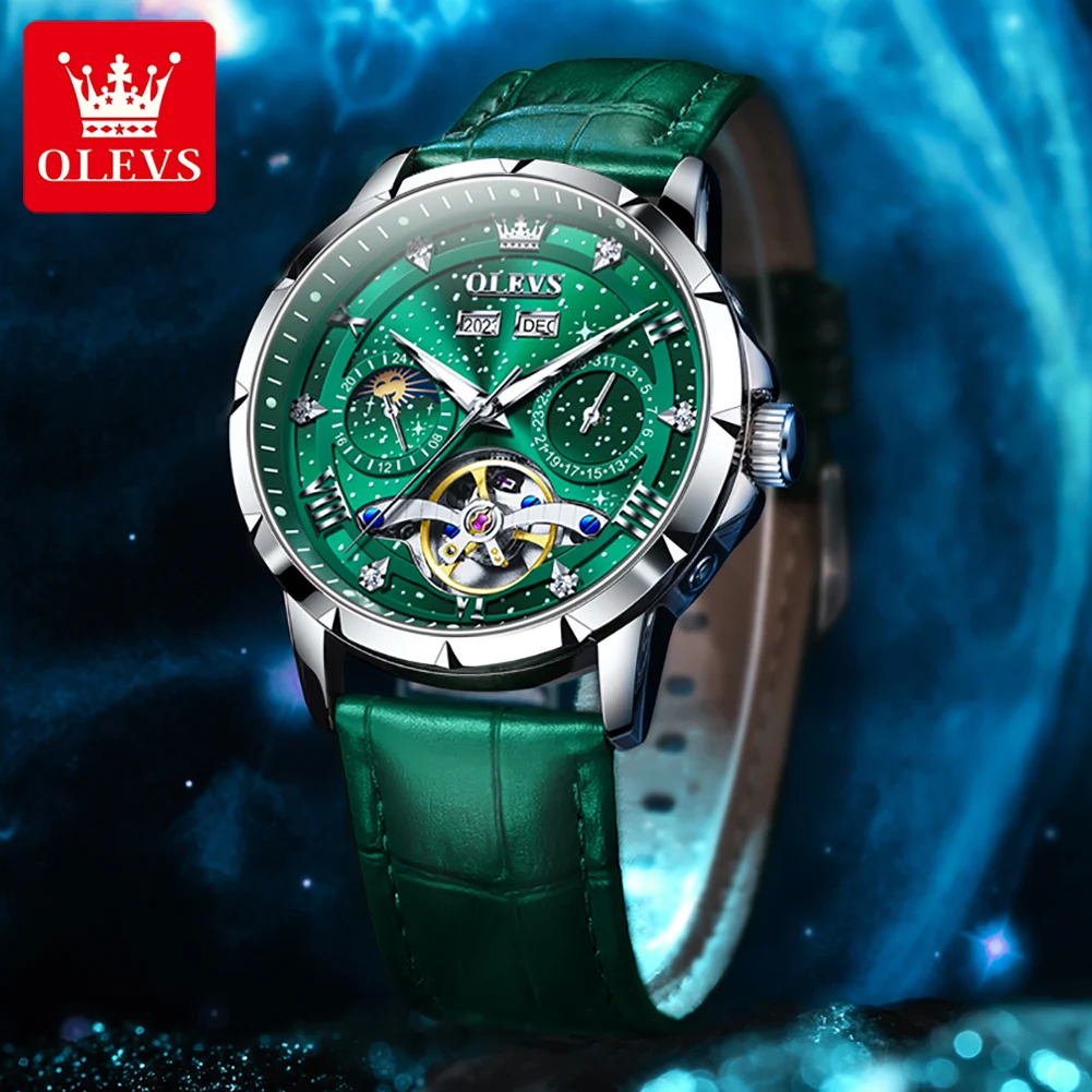 OLEVS 6690 Watch Man Hollow Skeleton Moonswatch Mechanical Watch For Men Date Deep Waterproof Luminous Moon Phase Men Wristwatch
