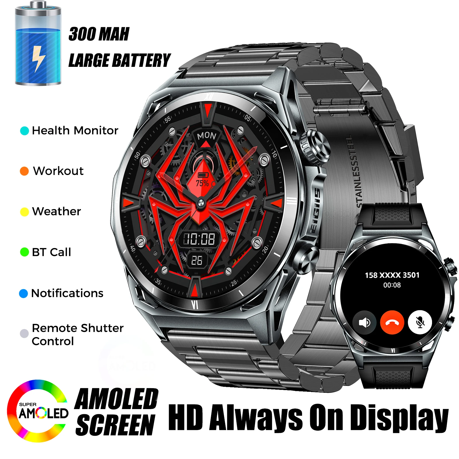 LaNikar New KE6 Smart Watch 1.43" AMOLED Display Men Black Sports Watch KE Series Bluetooth Call Health Monitor IP68 Waterproof