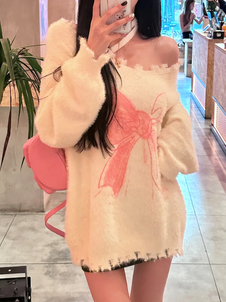 Autumn Kawaii Knitted Pullovers Women Print Sweet Loose Knitted Sweater Female Warm Korean Fashion Casual Pullover Tops 2023