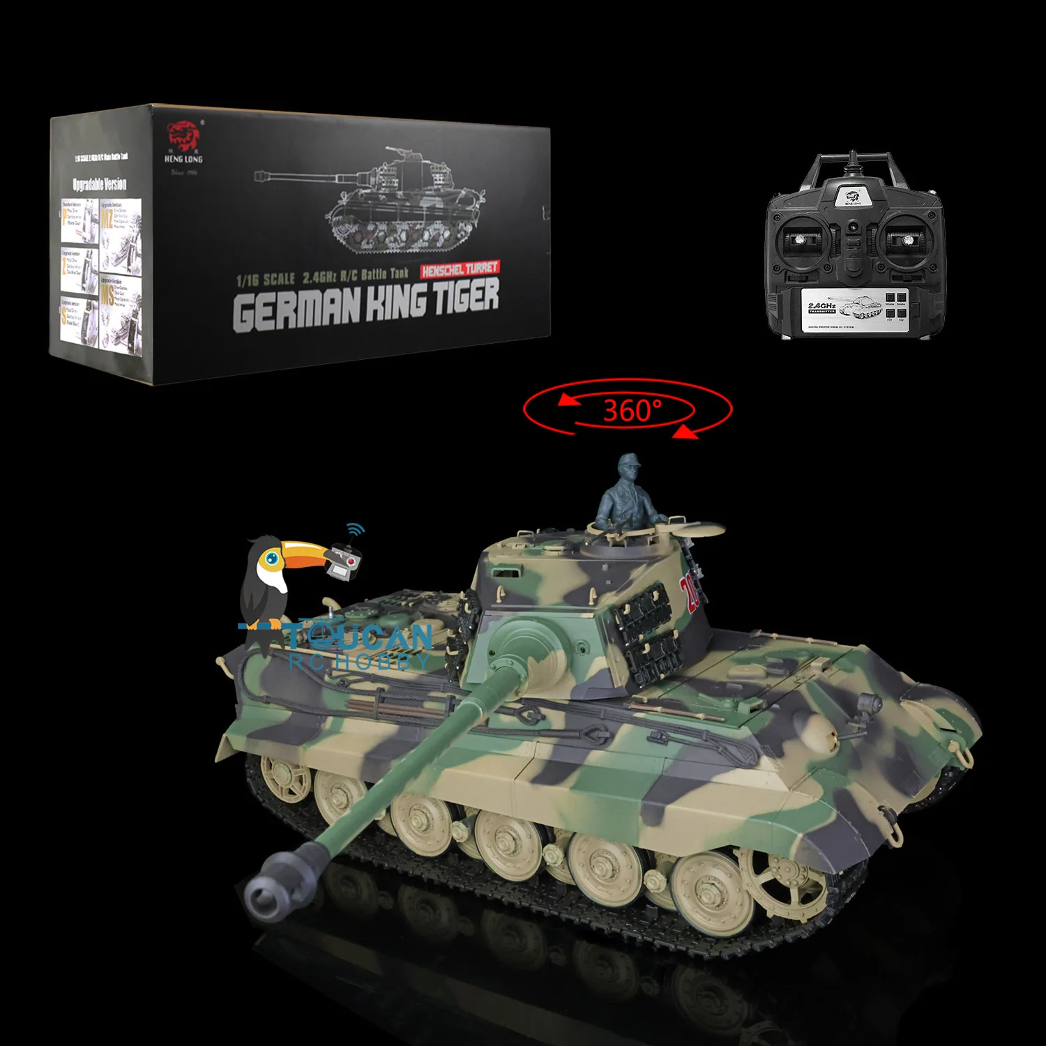 1/16 HENG LONG 7.0 Plastic FPV King Tiger RC Tank 3888A 360° Turret Barrel Recoil For Boys Machine Gun BB Pellet Gifts TH17522 2