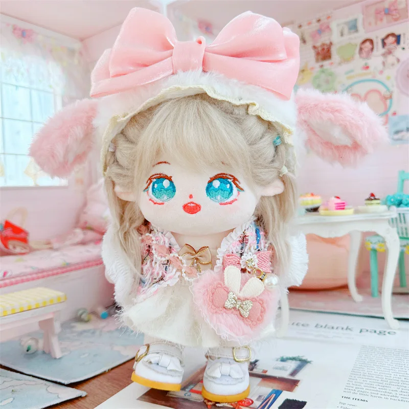 20cm Kawaii Pink Bow Bunny Ear White Skirt Miss Doll Anime Plush Star Dolls Stuffed Customization Figure Toys with Dress Dolls
