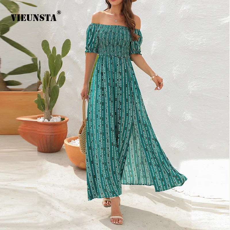 

Vestido Summer Women's Sexy Square Neck Short Sleeve Dress Fashion Elegant Fashion Casual Fit Slit Long Dresses Seaside Holiday