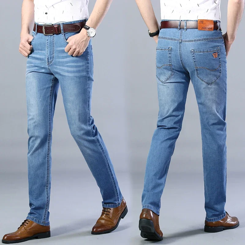 2023 Spring Summer Classic Pocket Men Fit Straight Thin Jeans Cotton Elastic Middle Waist Business Casual Lightweight Pants